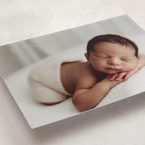 This is a sage birth announcements with standard by Sarah Curry called simply named printing on recycled smooth signature in standard