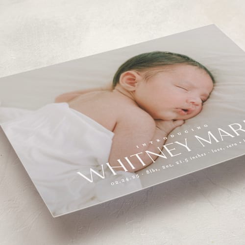 This is a cloud birth announcements with standard by Carolyn MacLaren called baby classic printing on smooth signature in standard