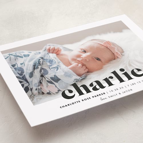 This is a midnight birth announcements with standard by Shirley Lin Schneider called bold nickname printing on smooth signature in standard