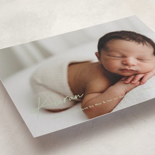 This is a shamrock birth announcements with standard by chocomocacino called raclette printing on recycled smooth signature in standard