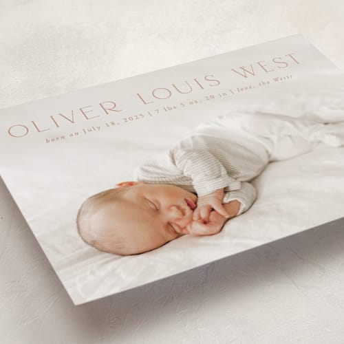 This is a clay birth announcements with standard by Julia Hall called our hearts printing on recycled smooth signature in standard