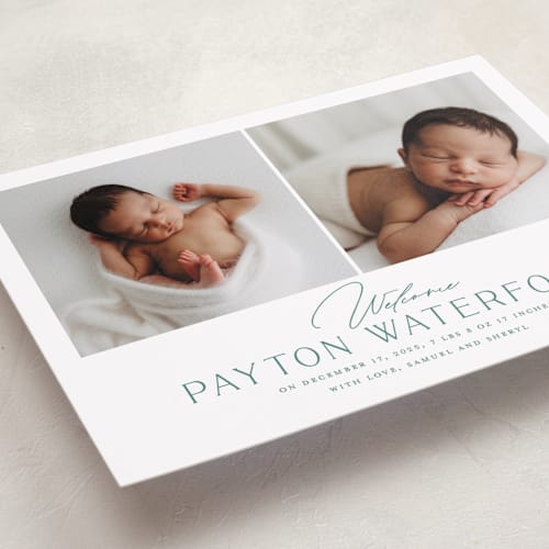 This is a teal birth announcements with standard by chocomocacino called gujiya printing on recycled smooth signature in standard