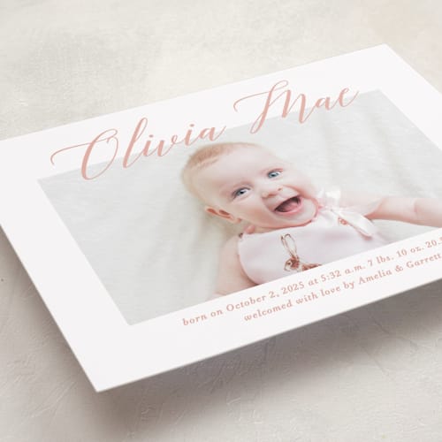 This is a sweet pea birth announcements with standard by Jennifer Postorino called sweet script printing on recycled smooth signature in standard