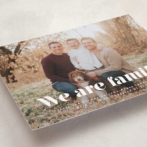 This is a cotton birth announcements with standard by Corinne Malesic called we are family printing on smooth signature in standard