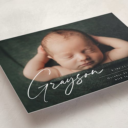 This is a frost birth announcements with standard by Everett Paper Goods called linear printing on smooth signature in standard