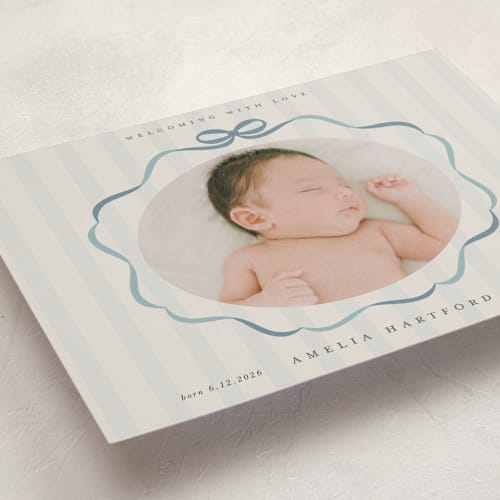 This is a lagoon birth announcements with standard by Lori Wemple called bows and stripes printing on recycled smooth signature in standard