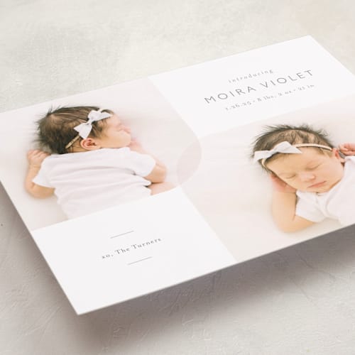 This is a stone birth announcements with standard by Carolyn MacLaren called curved duo printing on smooth signature in standard