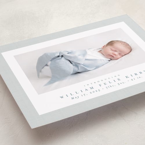 This is a powder birth announcements with standard by Lea Delaveris called linen frame printing on recycled smooth signature in standard