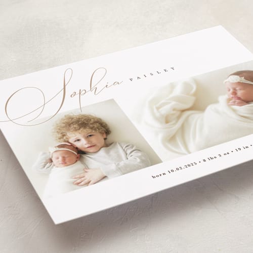 This is a oat birth announcements with standard by Pixel and Hank called classic twist printing on smooth signature in standard