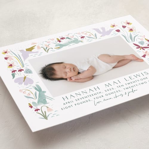 This is a bloom birth announcements with standard by Eve Schultz called baby garden printing on recycled smooth signature in standard