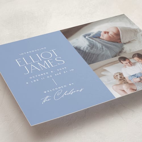 This is a periwinkle birth announcements with standard by Jessica Corliss called announcing elegance printing on recycled smooth signature in standard