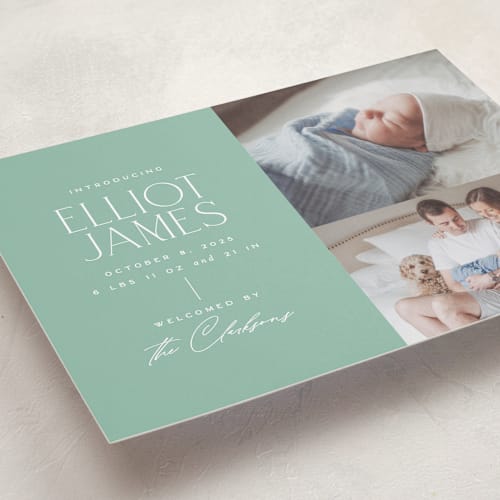 This is a mint birth announcements with standard by Jessica Corliss called announcing elegance printing on recycled smooth signature in standard