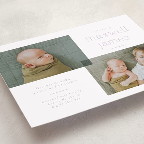 This is a lilac birth announcements with standard by Emily Betts called handsome two printing on smooth signature in standard