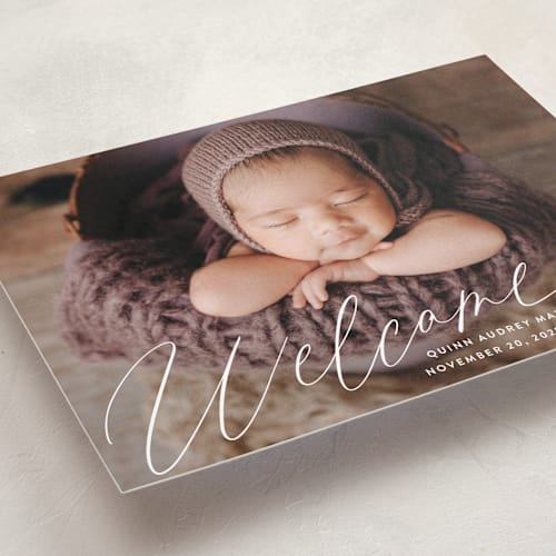 This is a cloud birth announcements with standard by Jackie Crawford called swoop printing on recycled smooth signature in standard