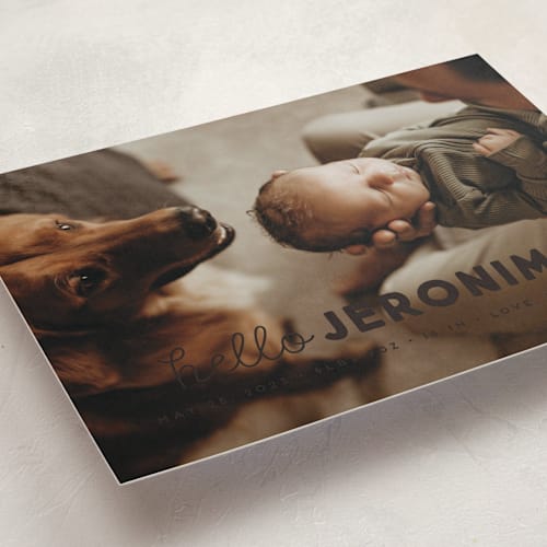 This is a charcoal birth announcements with standard by Snow and Ivy called meet me printing on smooth signature in standard