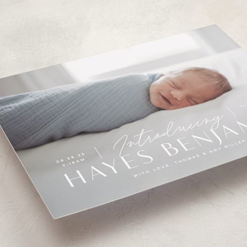 This is a snow birth announcements with standard by Michelle Taylor called typographic mix printing on smooth signature in standard