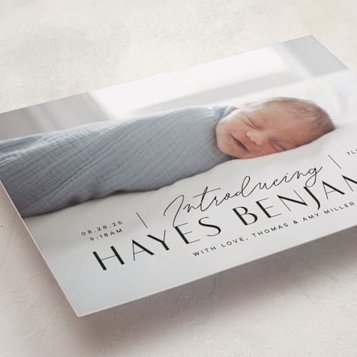 This is a coal birth announcements with standard by Michelle Taylor called typographic mix printing on smooth signature in standard
