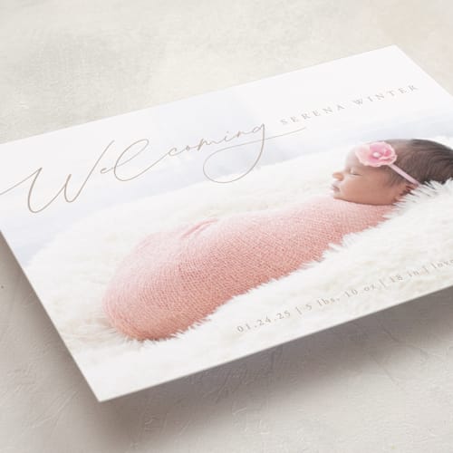 This is a sand birth announcements with standard by Olivia Raufman called delightful welcome printing on smooth signature in standard