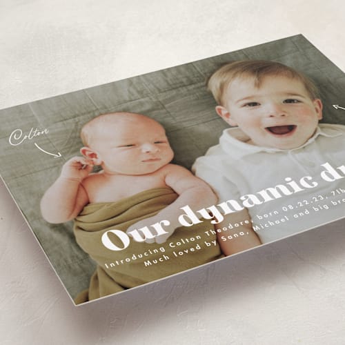 This is a cotton birth announcements with standard by Corinne Malesic called dynamic duo printing on smooth signature in standard