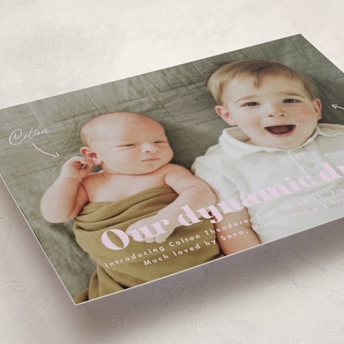 This is a lavender birth announcements with standard by Corinne Malesic called dynamic duo printing on smooth signature in standard