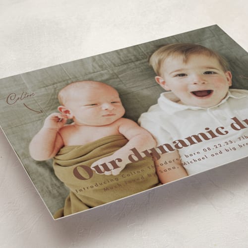 This is a wood birth announcements with standard by Corinne Malesic called dynamic duo printing on recycled smooth signature in standard