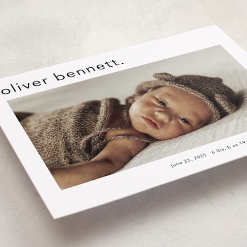 This is a cotton birth announcements with standard by Stacey Meacham called simple name printing on recycled smooth signature in standard