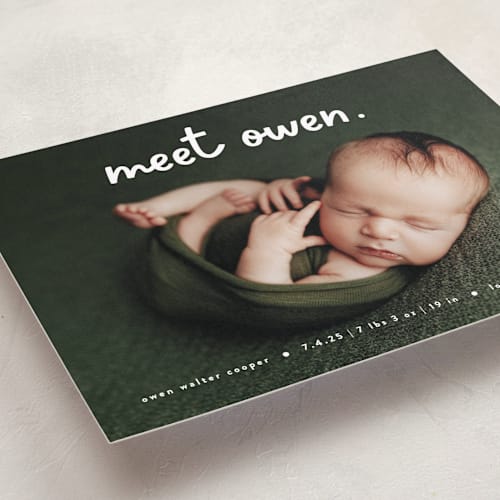This is a snow birth announcements with standard by Lauren Chism called meet cute printing on smooth signature in standard
