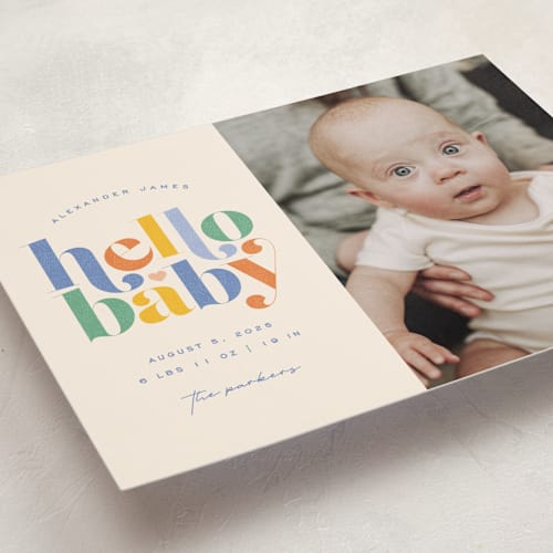 This is a bluebird birth announcements with standard by Jessica Corliss called hello sweet baby printing on smooth signature in standard