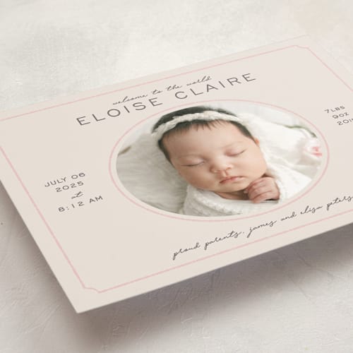 This is a petal birth announcements with standard by Melissa Egan of Pistols called prim printing on smooth signature in standard