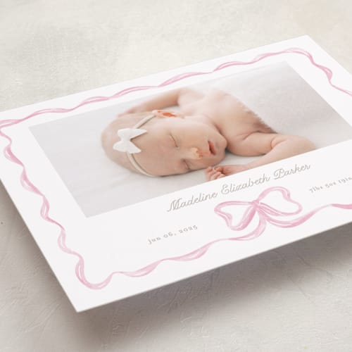 This is a peony birth announcements with standard by Creo Study called squiggle bow printing on recycled smooth signature in standard