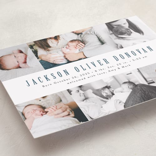 This is a steel blue birth announcements with standard by Ana Sharpe called photo stripes printing on smooth signature in standard