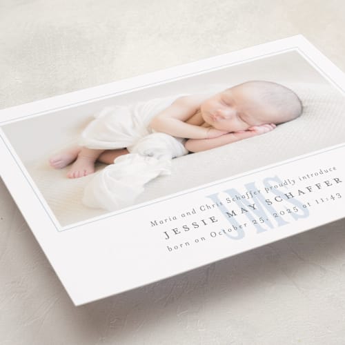 This is a sky birth announcements with standard by Erin Hodges called classic monogram printing on smooth signature in standard