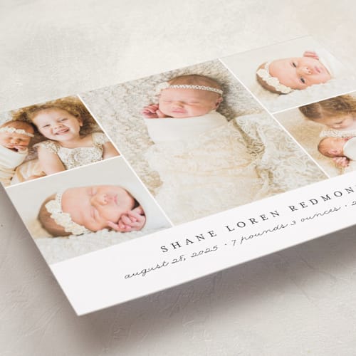 This is a slate birth announcements with standard by Brianne Larsen called classically modern printing on smooth signature in standard