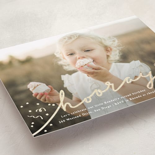 This is a doll kids birthday invitations with foil pressed by Creo Study called glittery hooray printing on smooth signature in standard