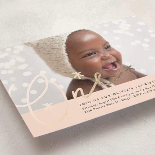 This is a blush kids birthday invitations with foil pressed by Erica Krystek called shimmering one printing on smooth signature in standard