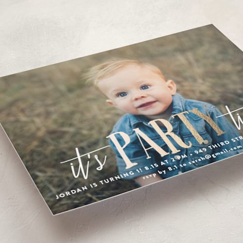 This is a gold kids birthday invitations with foil pressed by Chasity Smith called it's party time! printing on smooth signature in standard