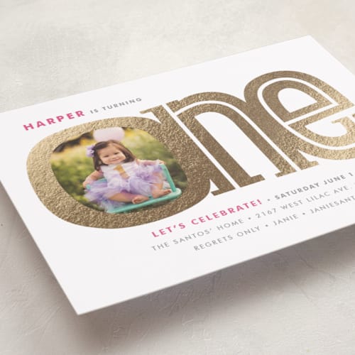 This is a blush kids birthday invitations with foil pressed by Snow and Ivy called big one printing on smooth signature in standard