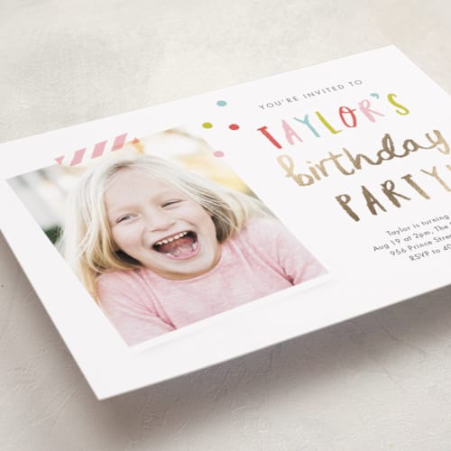 This is a bubblegum kids birthday invitations with foil pressed by Stacey Meacham called confetti bash printing on smooth signature in standard