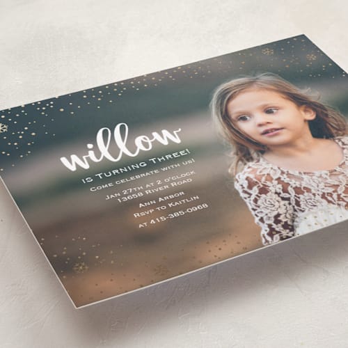 This is a gold kids birthday invitations with foil pressed by Lorent and Leif called snowfall printing on smooth signature in standard