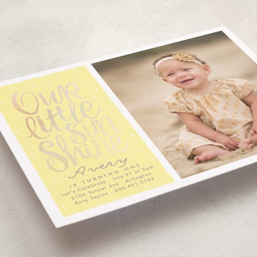 This is a daffodil kids birthday invitations with foil pressed by Karidy Walker called little sunshine printing on smooth signature in standard