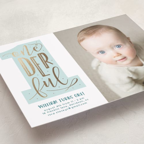 This is a seafoam kids birthday invitations with foil pressed by Christina Novak called onederful printing on smooth signature in standard