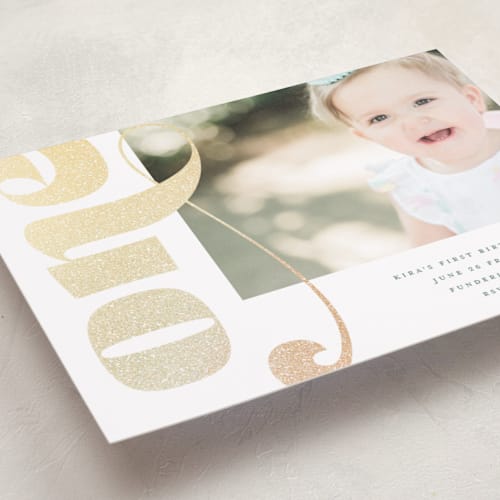 This is a sparkle kids birthday invitations with foil pressed by Christie Garcia called golden one printing on recycled smooth signature in standard