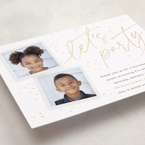 This is a cotton kids birthday invitations with foil pressed by Jessie Steury called confetti script printing on smooth signature in standard