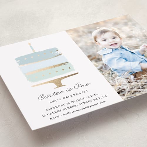 This is a sky kids birthday invitations with foil pressed by Oma N. Ramkhelawan called brushed cake printing on smooth signature in standard