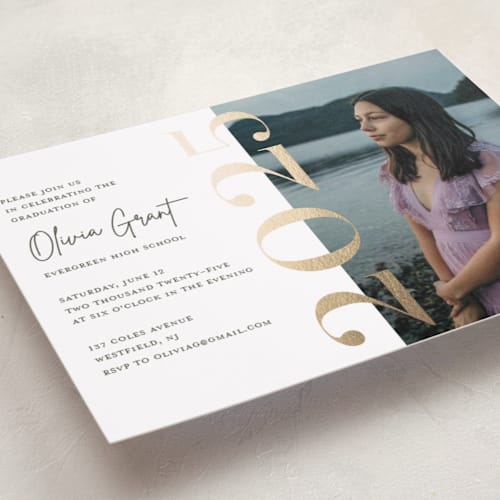 This is a sunshine graduation invitations with foil pressed by Teju Reval called pretty party printing on recycled smooth signature in standard