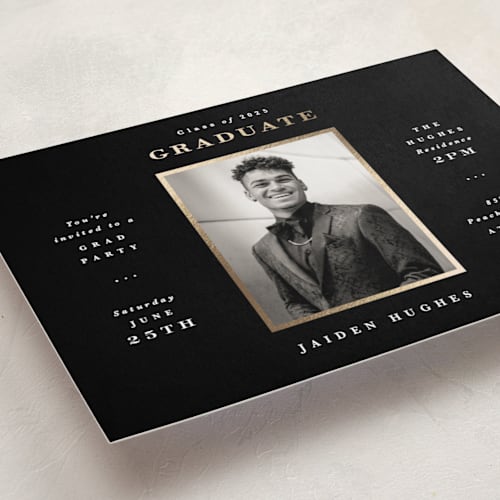 This is a onyx graduation invitations with foil pressed by Hooray Creative called tres chic printing on recycled smooth signature in standard