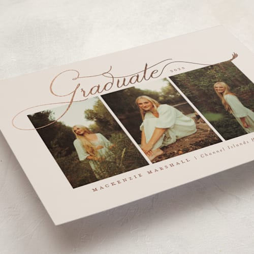 This is a mocha latte graduation announcements with foil pressed by Kamala Nahas called tassel swash printing on recycled smooth signature in standard