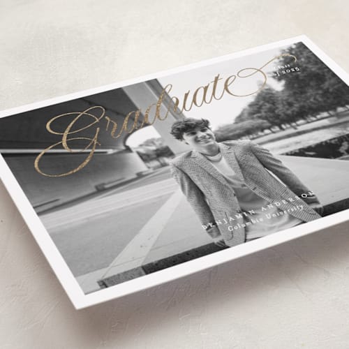This is a cotton graduation announcements with foil pressed by Blustery August called opera printing on recycled smooth signature in standard