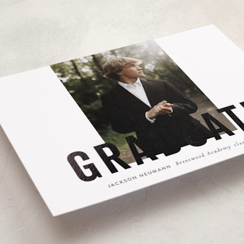 This is a charcoal graduation announcements with foil pressed by Sara Hicks Malone called jax printing on recycled smooth signature in standard