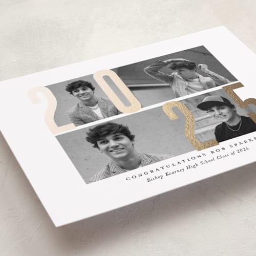This is a golden grad graduation announcements with foil pressed by Up Up Creative called four photo printing on recycled smooth signature in standard